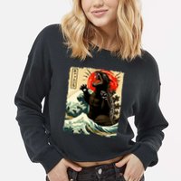 Catzilla Cat Japanese Art Funny Cat Cropped Pullover Crew