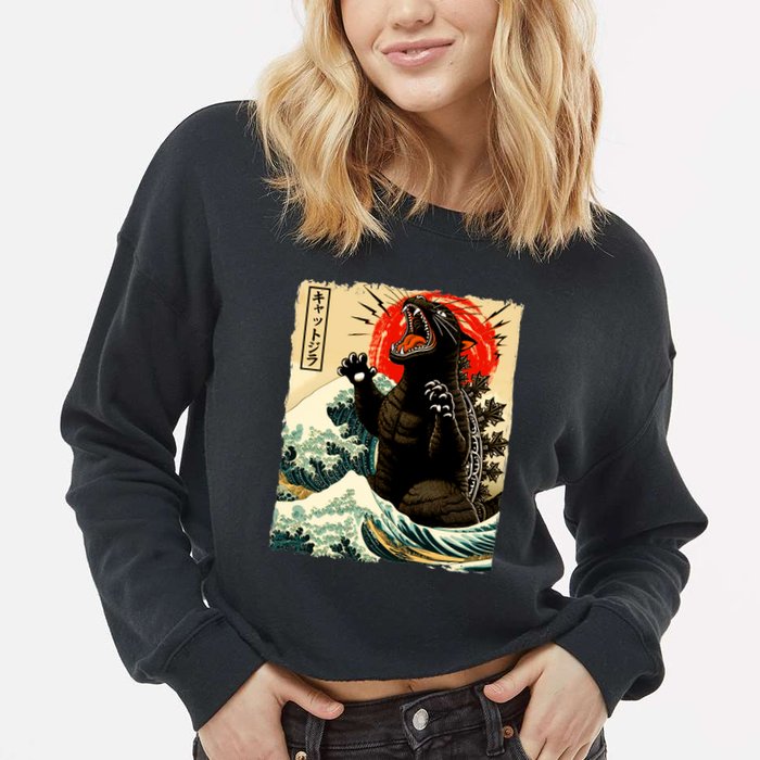 Catzilla Cat Japanese Art Funny Cat Cropped Pullover Crew