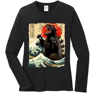 Catzilla Cat Japanese Art Funny Cat Ladies Long Sleeve Shirt
