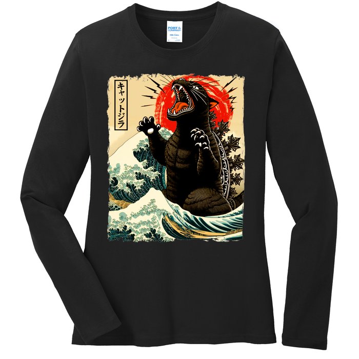 Catzilla Cat Japanese Art Funny Cat Ladies Long Sleeve Shirt