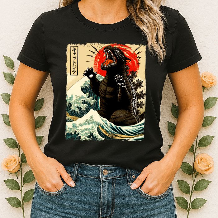 Catzilla Cat Japanese Art Funny Cat Womens T-Shirt