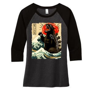 Catzilla Cat Japanese Art Funny Cat Women's Tri-Blend 3/4-Sleeve Raglan Shirt