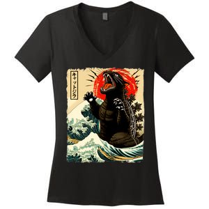 Catzilla Cat Japanese Art Funny Cat Women's V-Neck T-Shirt