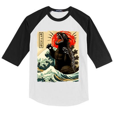 Catzilla Cat Japanese Art Funny Cat Kids Colorblock Raglan Jersey