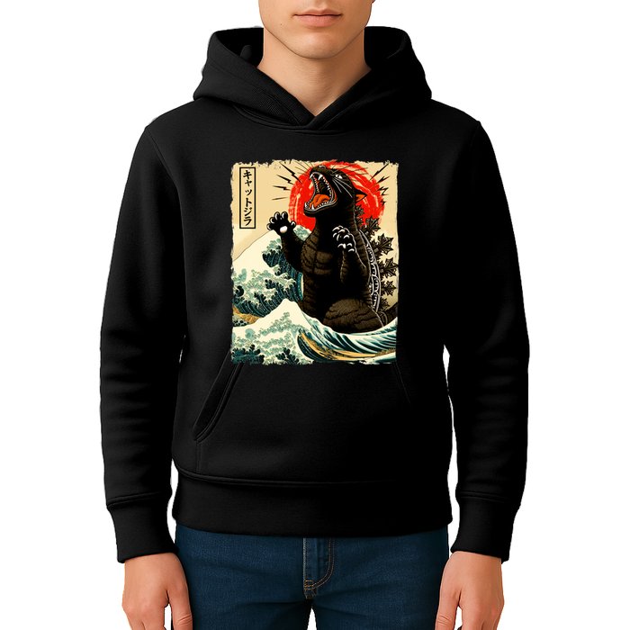 Catzilla Cat Japanese Art Funny Cat Kids Hoodie