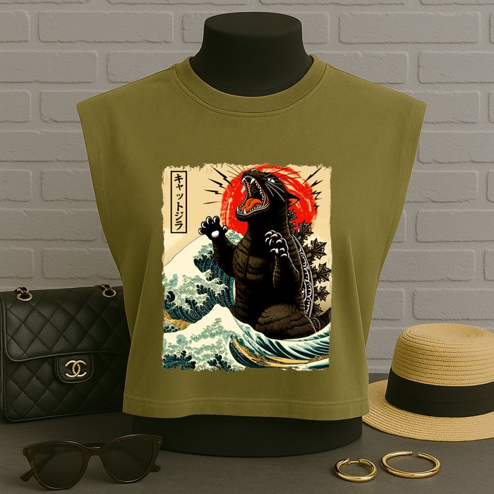 Catzilla Cat Japanese Art Funny Cat Garment-Dyed Women's Muscle Tee