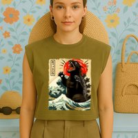 Catzilla Cat Japanese Art Funny Cat Garment-Dyed Women's Muscle Tee