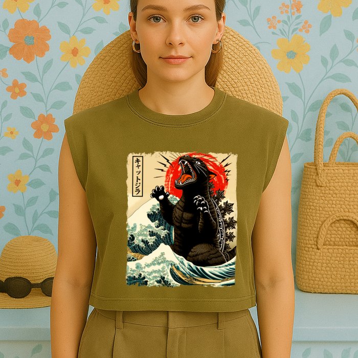 Catzilla Cat Japanese Art Funny Cat Garment-Dyed Women's Muscle Tee