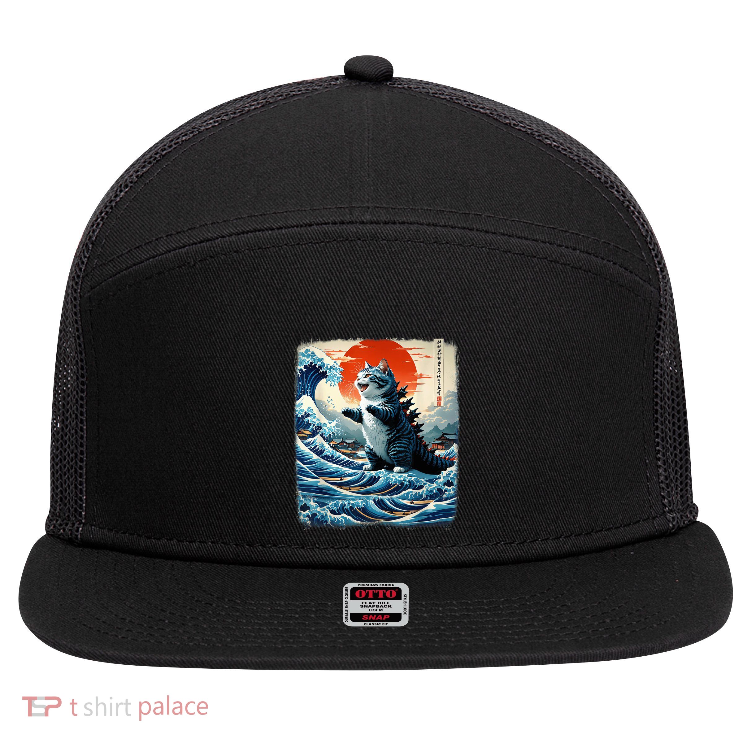 Catzilla Cat Japanese Art Funny Cat Adventure 0hoken 7 Panel Mesh Trucker Snapback Hat