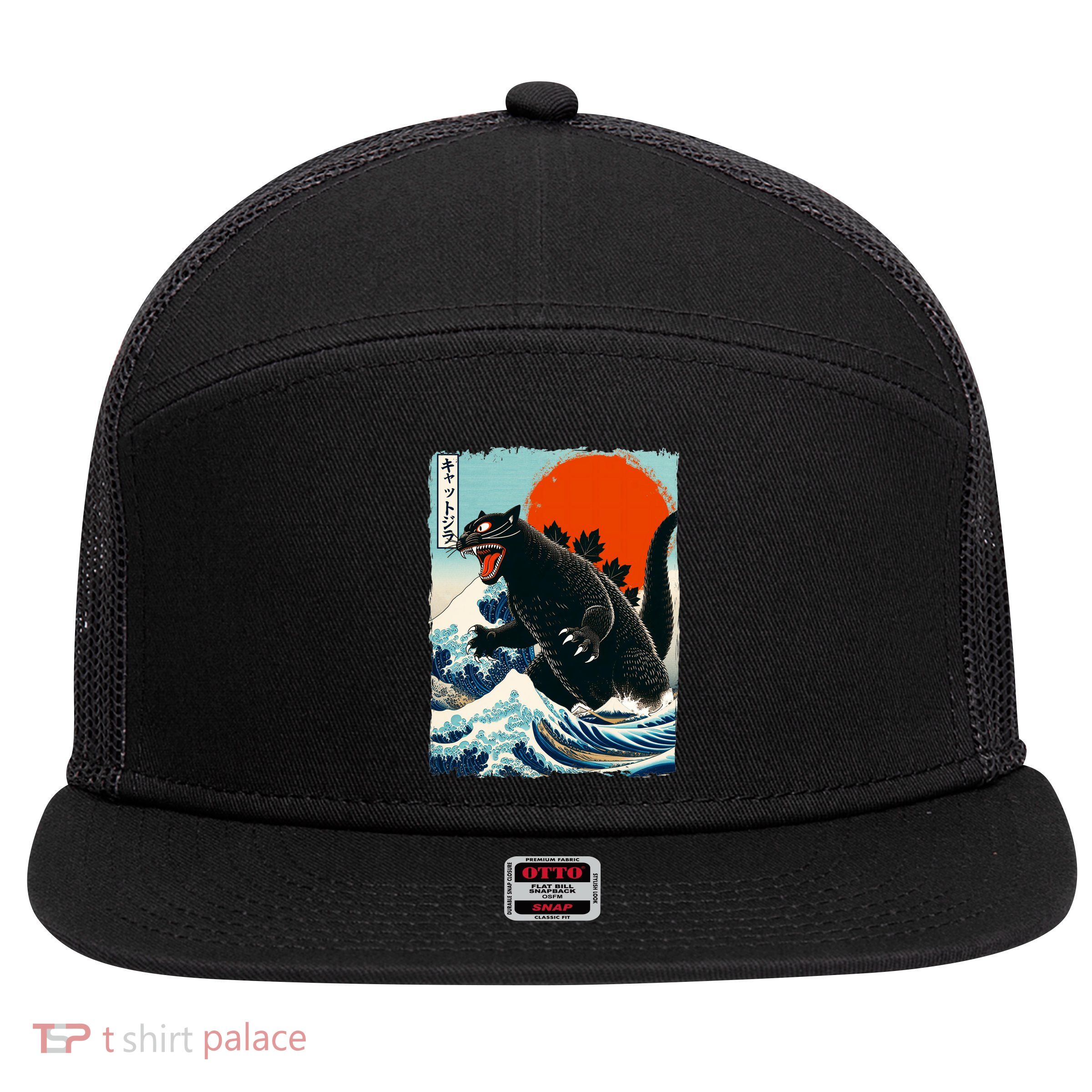 Catzilla Cat Japanese Art Cat Gift 7 Panel Mesh Trucker Snapback Hat