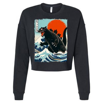 Catzilla Cat Japanese Art Cat Gift Cropped Pullover Crew