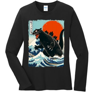 Catzilla Cat Japanese Art Cat Gift Ladies Long Sleeve Shirt