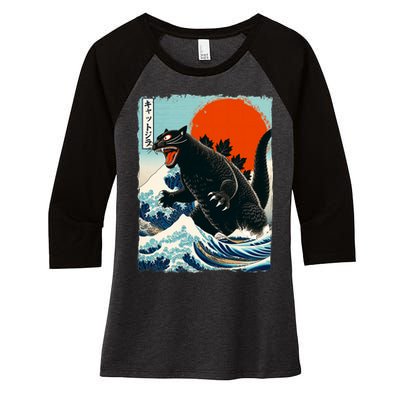 Catzilla Cat Japanese Art Cat Gift Women's Tri-Blend 3/4-Sleeve Raglan Shirt