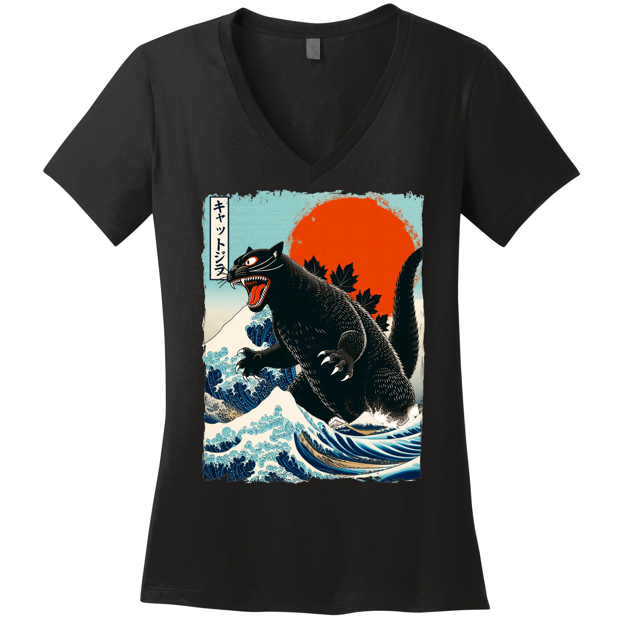 Catzilla Cat Japanese Art Cat Gift Women's V-Neck T-Shirt