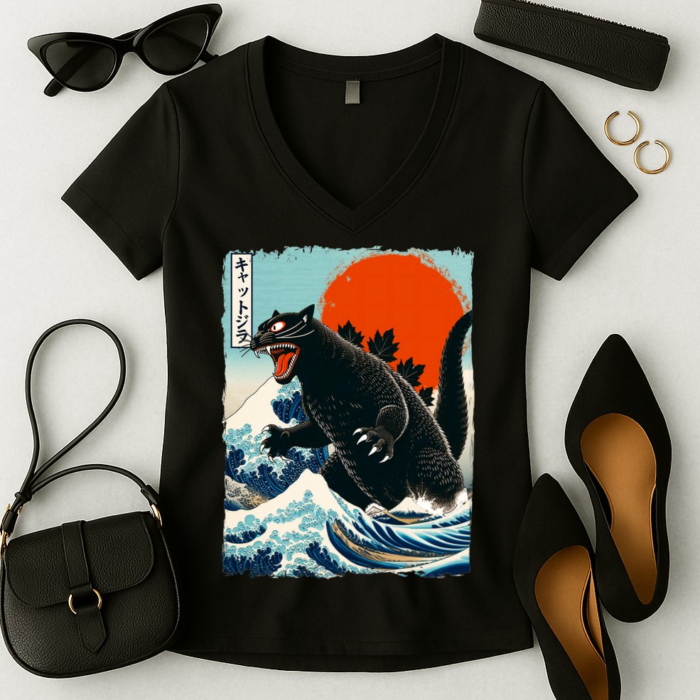 Catzilla Cat Japanese Art Cat Gift Women's V-Neck T-Shirt