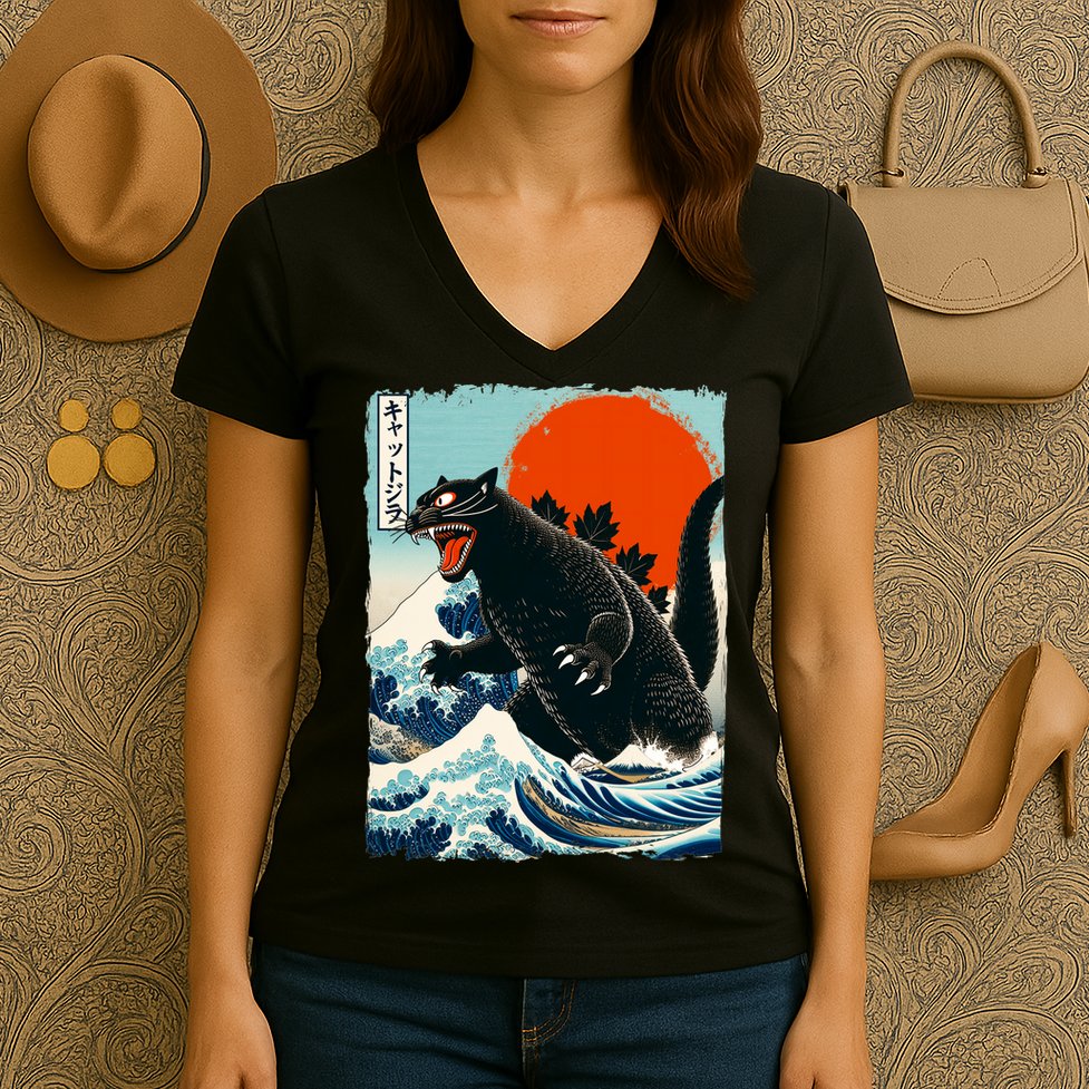 Catzilla Cat Japanese Art Cat Gift Women's V-Neck T-Shirt