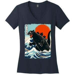 Catzilla Cat Japanese Art Cat Gift Women's V-Neck T-Shirt