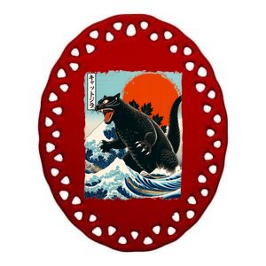 Catzilla Cat Japanese Art Cat Gift Ceramic Oval Ornament