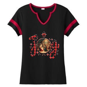 Christian Christmas Joy Jesus Nativity Scene Faith Family Ladies Halftime Notch Neck Tee