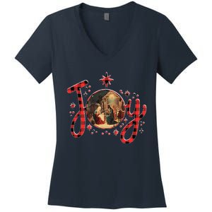 Christian Christmas Joy Jesus Nativity Scene Faith Family Women's V-Neck T-Shirt