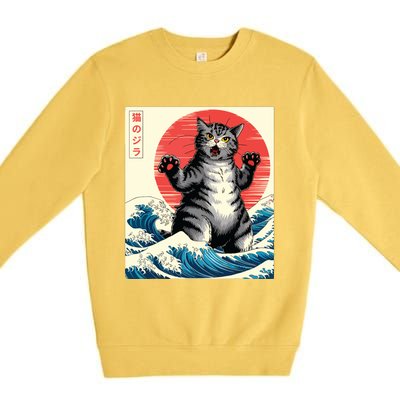 Catzilla Cat Japanese Art Funny Cat Gifts Premium Crewneck Sweatshirt