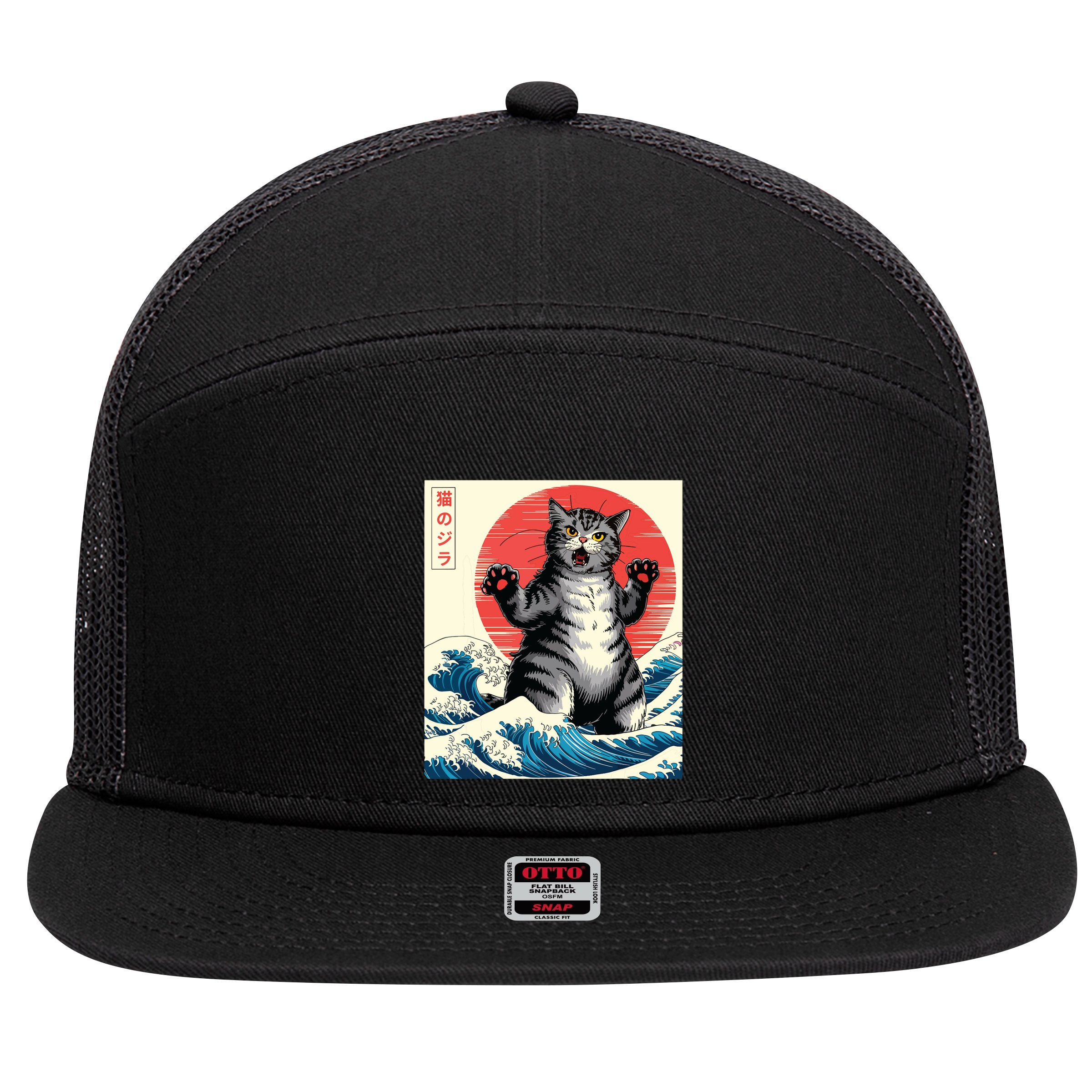 Catzilla Cat Japanese Art Funny Cat Gifts 7 Panel Mesh Trucker Snapback Hat