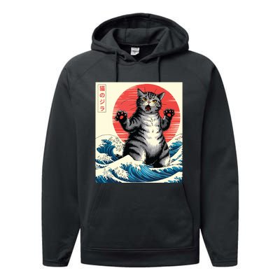 Catzilla Cat Japanese Art Funny Cat Gifts Performance Fleece Hoodie