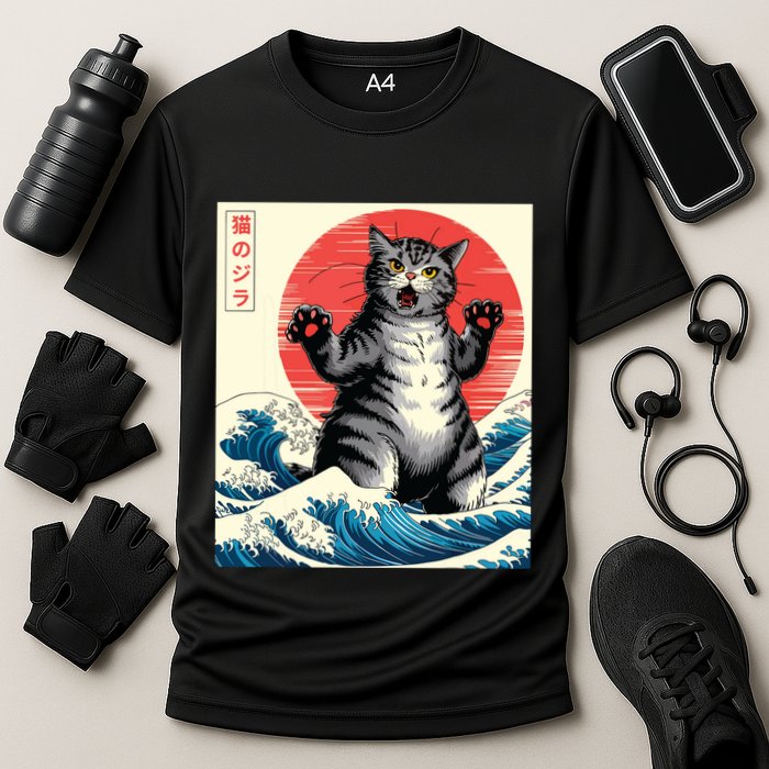 Catzilla Cat Japanese Art Funny Cat Gifts Cooling Performance Crew T-Shirt