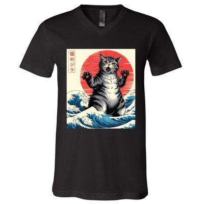 Catzilla Cat Japanese Art Funny Cat Gifts V-Neck T-Shirt