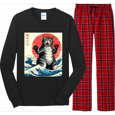 Catzilla Cat Japanese Art Funny Cat Gifts Long Sleeve Pajama Set