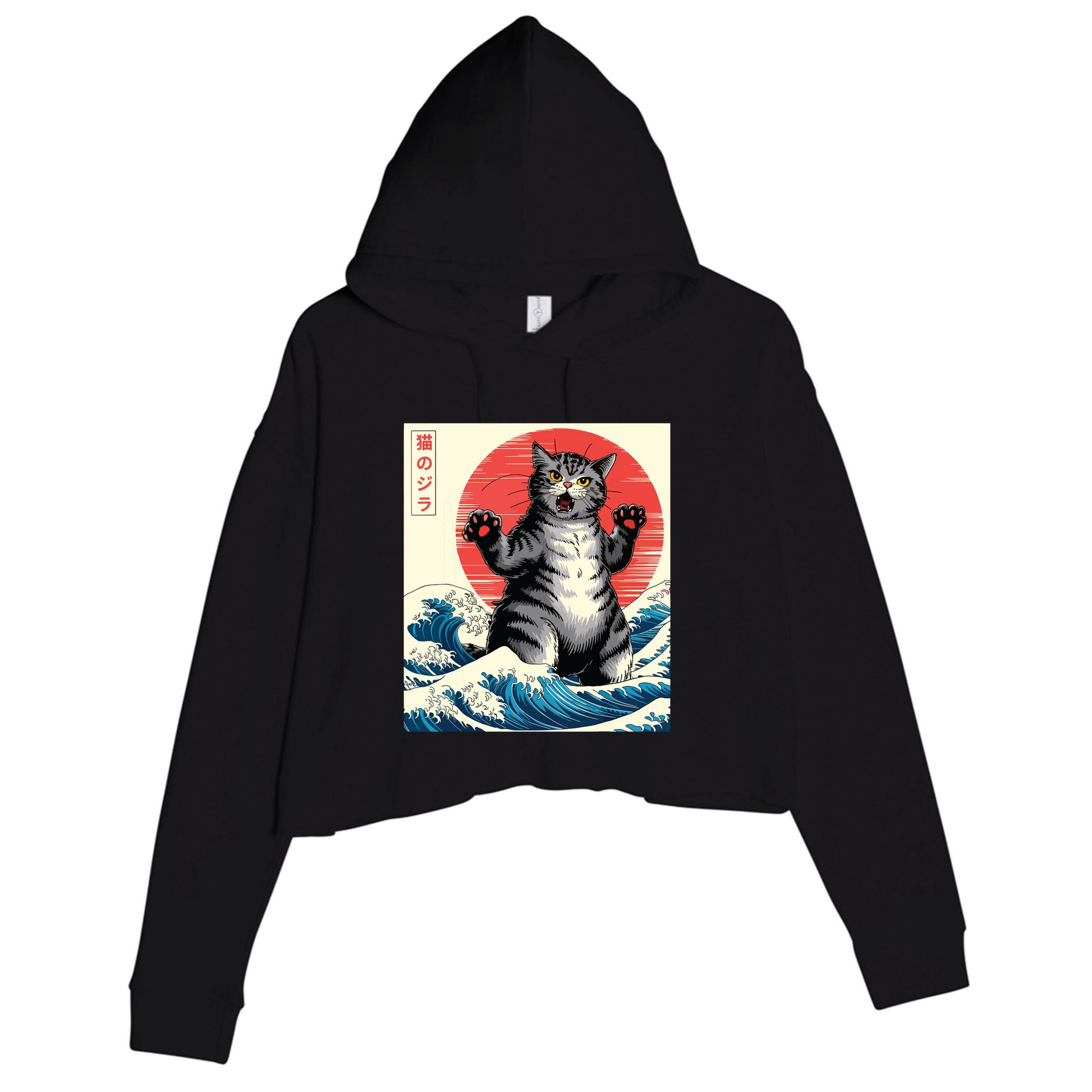 Catzilla Cat Japanese Art Funny Cat Gifts Crop Fleece Hoodie