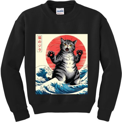 Catzilla Cat Japanese Art Funny Cat Gifts Kids Sweatshirt