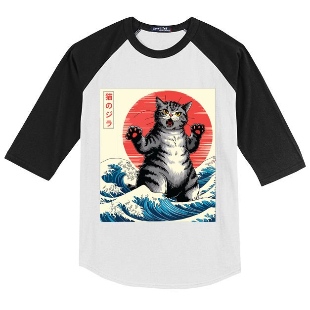 Catzilla Cat Japanese Art Funny Cat Gifts Kids Colorblock Raglan Jersey