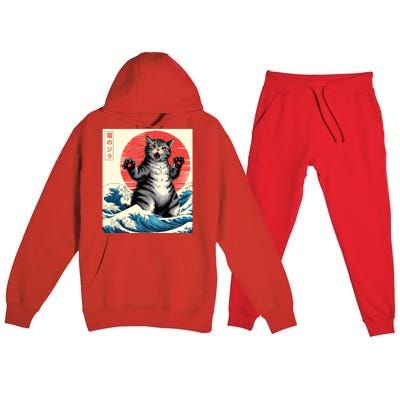 Catzilla Cat Japanese Art Funny Cat Gifts Premium Hooded Sweatsuit Set