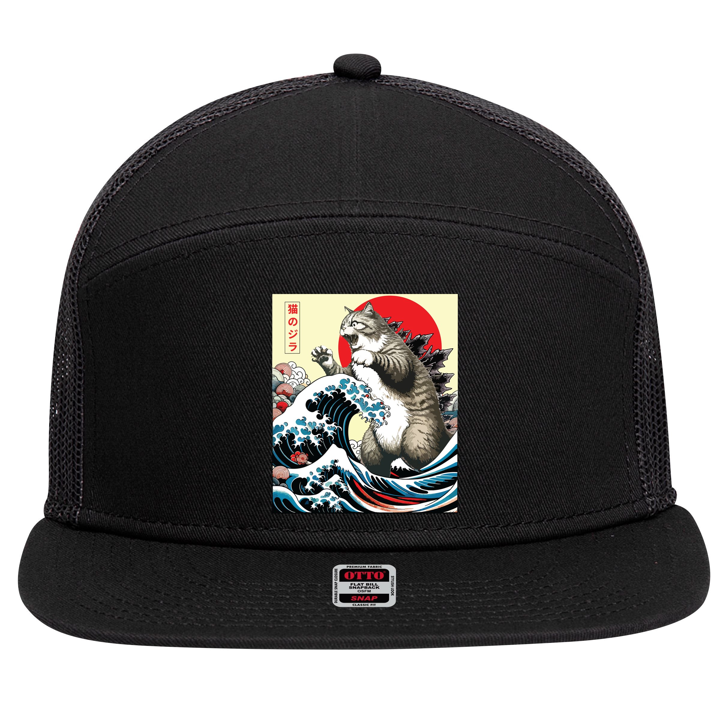 Catzilla Cat Japanese Art Funny Cat Gifts 7 Panel Mesh Trucker Snapback Hat