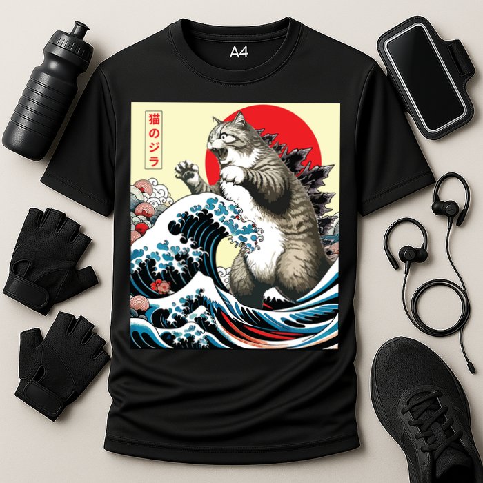 Catzilla Cat Japanese Art Funny Cat Gifts Cooling Performance Crew T-Shirt