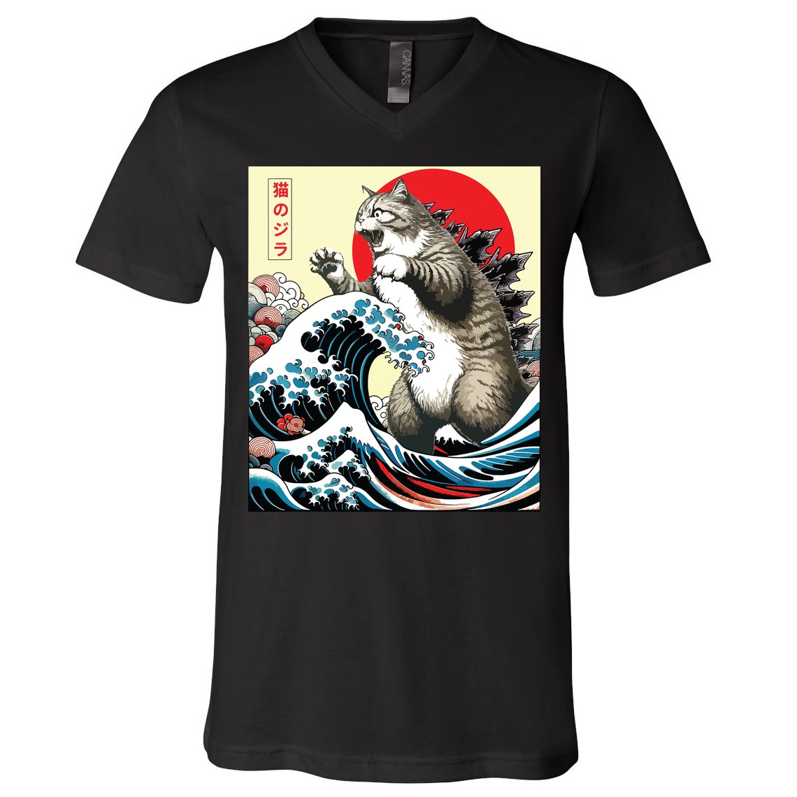 Catzilla Cat Japanese Art Funny Cat Gifts V-Neck T-Shirt