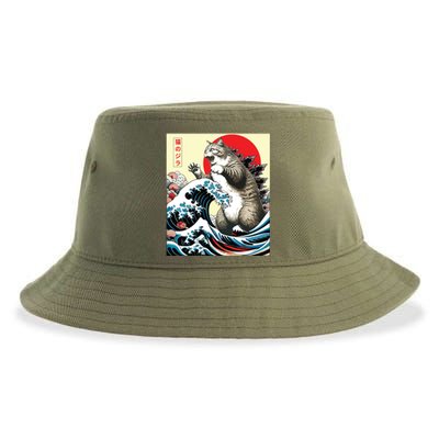 Catzilla Cat Japanese Art Funny Cat Gifts Sustainable Bucket Hat