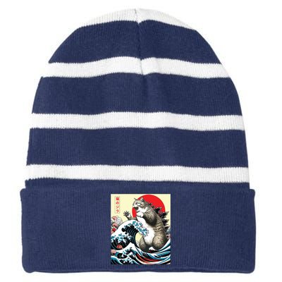 Catzilla Cat Japanese Art Funny Cat Gifts Striped Beanie with Solid Band