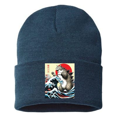 Catzilla Cat Japanese Art Funny Cat Gifts Sustainable Knit Beanie