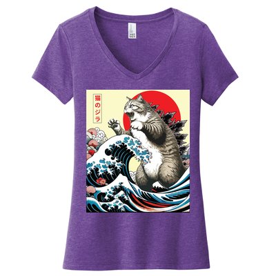 Catzilla Cat Japanese Art Funny Cat Gifts Women's V-Neck T-Shirt