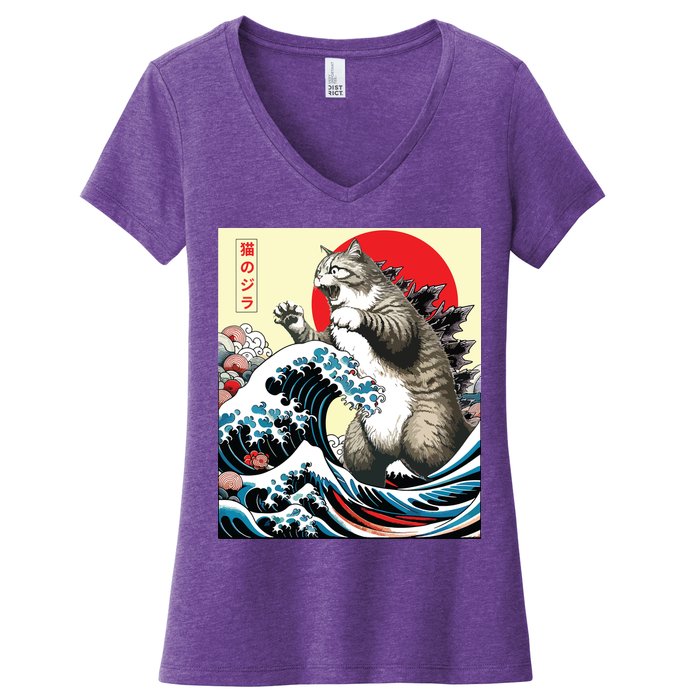 Catzilla Cat Japanese Art Funny Cat Gifts Women's V-Neck T-Shirt
