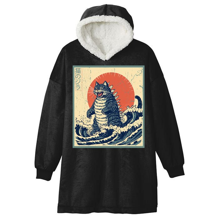 Catzilla Cat Japanese Art Funny Cat Hooded Wearable Blanket