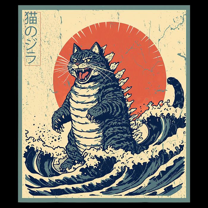 Catzilla Cat Japanese Art Funny Cat Drawstring Bag