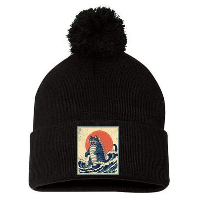 Catzilla Cat Japanese Art Funny Cat Pom Pom 12in Knit Beanie