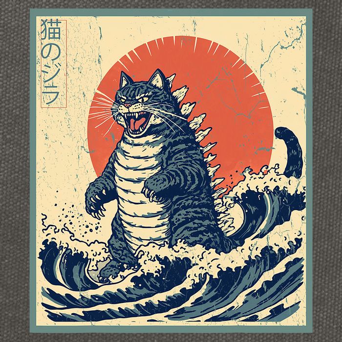 Catzilla Cat Japanese Art Funny Cat Cotton Canvas Backpack