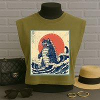 Catzilla Cat Japanese Art Funny Cat Garment-Dyed Women's Muscle Tee