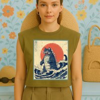 Catzilla Cat Japanese Art Funny Cat Garment-Dyed Women's Muscle Tee