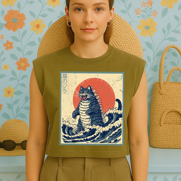 Catzilla Cat Japanese Art Funny Cat Garment-Dyed Women's Muscle Tee