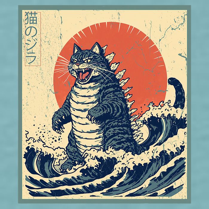 Catzilla Cat Japanese Art Funny Cat Sueded Cloud Jersey T-Shirt